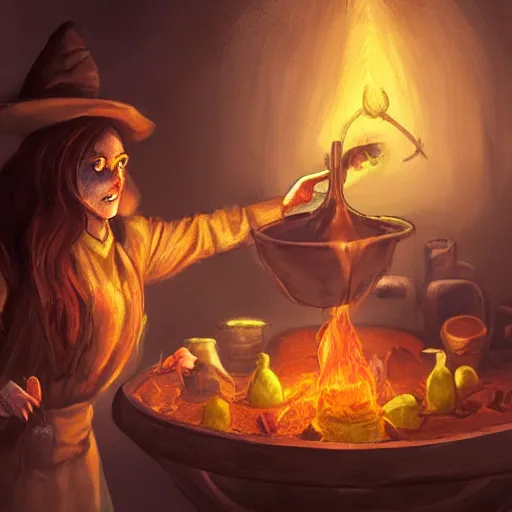 Prompt: a witch adding ingredients to her cauldron, concept art, ambient lighting lit only by the fires glow