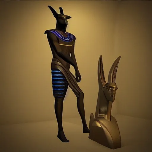 Image similar to “ egyptian god anubis in modern clothes, 3 d aesthetic lighting ”