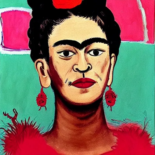 Prompt: painting of frida kahlo by jean - michel basquiat