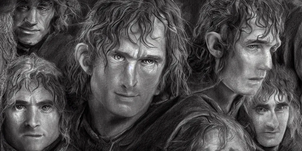 Image similar to close up pencil sketch of middle earth and hobbits ,digital art, high detail, hyper realistic,