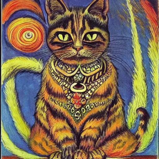 Image similar to a fire mage cat, louis wain, fantasy art