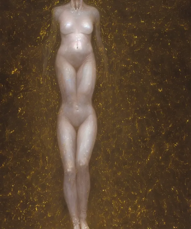 Prompt: Beautiful full-body wax sculpture of glowing transparent woman with visible gold bones covered with melted white candle wax inside the singularity where stars becoming baroque folds of black matter by Michelangelo da Caravaggio, Nicola Samori, Ilya Repin, Alex Grey, William Blake, Beksinski and Greg Rutkowski, dramatic volumetric lighting, highly detailed oil painting, octan render, 8k, masterpiece