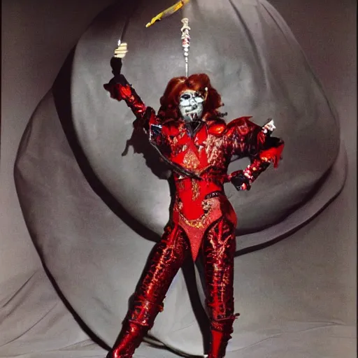Image similar to klingon with telescopic limbs dressed in glam clothing, photo by cindy sherman