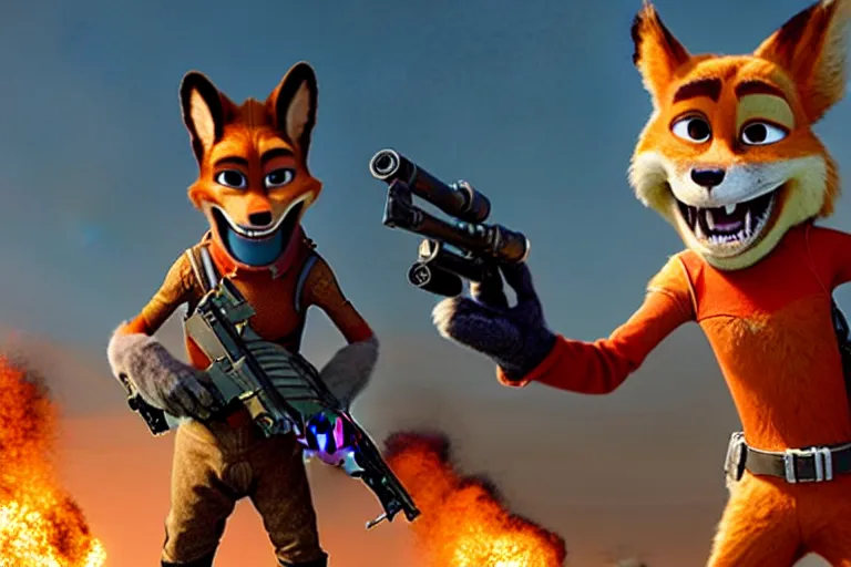 Image similar to nick wilde, heavily armed and armored facing down armageddon in a dark and gritty reboot from the makers of mad max : fury road : witness me