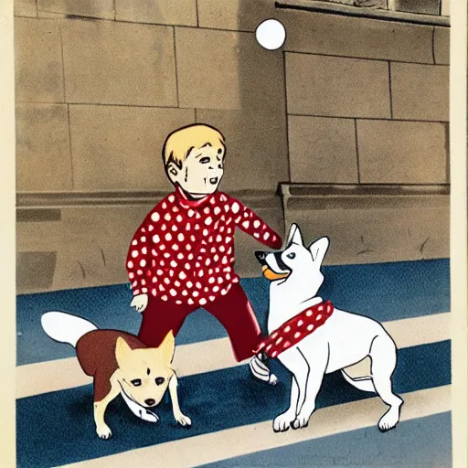 Image similar to book illustration of a french boy on the streets of paris playing football against a corgi, the dog is wearing a polka dot scarf, 1 9 6 6