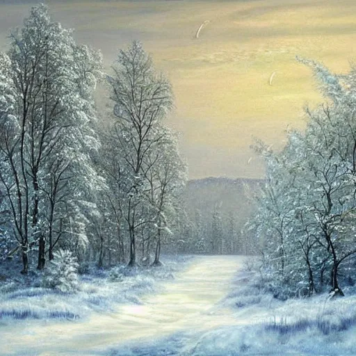 Image similar to hyperborean civilization, beautiful realistic painting, winter, trees, snow