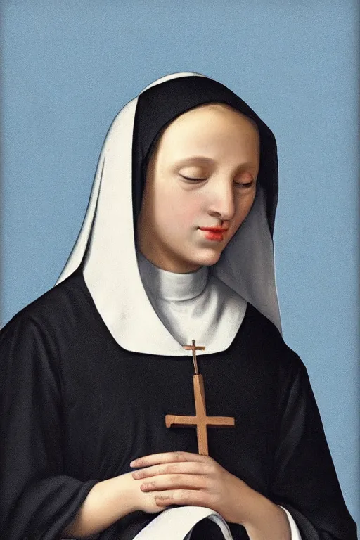 Prompt: portrait of beautiful young crying nun, black background, blue silk clothes, in style of classicism, hyper detailed