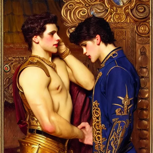 Image similar to attractive fully clothed king confesses his love for his attractive fully clothed male prince. highly detailed painting by gaston bussiere and j. c. leyendecker 8 k