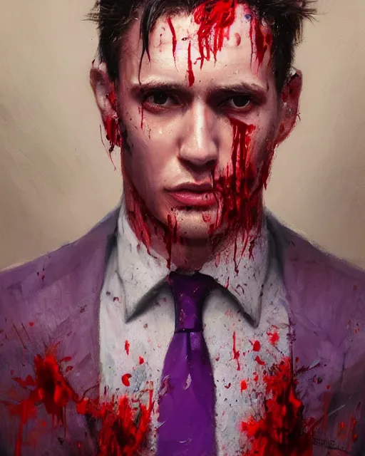 Image similar to A hyper realistic oil painting of a man in his twenties dressed in a purple suit, full height, clean shaven, insane looking face, messy hair, covered in blood, by Greg Rutkowski, trending on artstation, 4k, creepy lighting