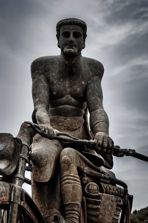 Image similar to photo of the ancient statue of biker on the ancient bike, symmetrical, cinematic, real dlsr photography, sharp focus, 4 k, ultra hd, sense of awe, archeology journal cover