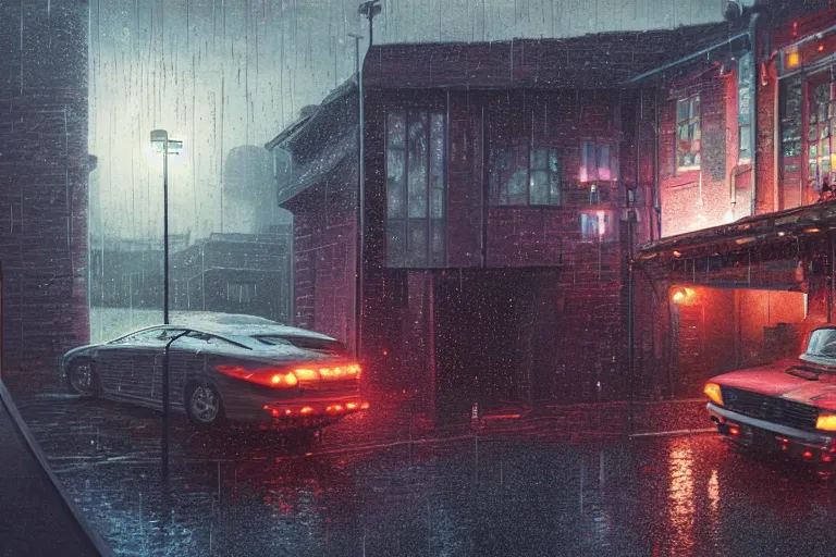 Image similar to cyberpunk, an estate agent listing photo, external view of a detached city house in the UK, cityscape, it's night time, raining, old car, by Paul Lehr, highly detailed, photorealistic, unreal engine, 8k, anamorphic, cinestill cinematrography