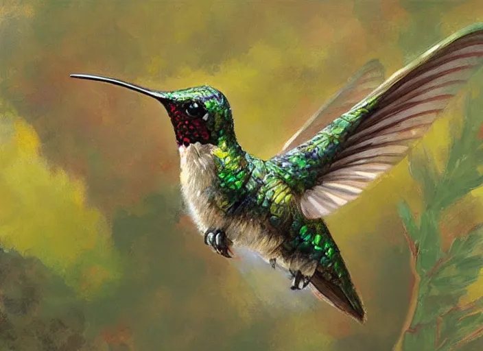 Image similar to a highly detailed beautiful portrait of a hummingbird monster, by gregory manchess, james gurney, james jean