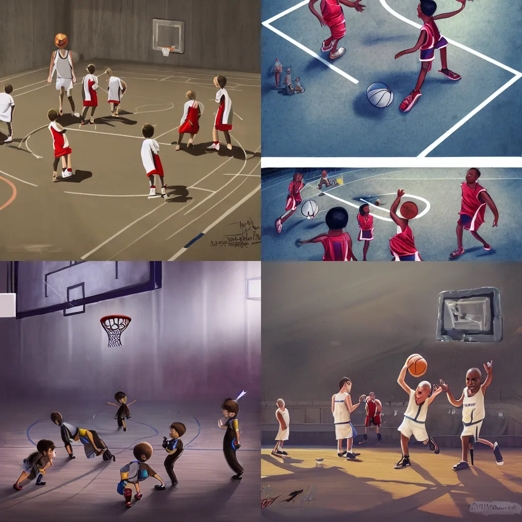 Prompt: photograph of midgets midgets midgets playing basketball, basketball court, concept art, cinematic, hyperrealistic, photorealistic, Trending on artstation