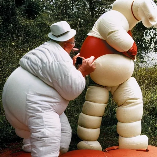 Prompt: a 3 5 mm photography, kodachrome colour, of grandpa fighting with white michelin man costume, riding a hippo, strange creatures and alien plants around, photos taken by martin parr - h 9 6 0 - w 1 0 8 8