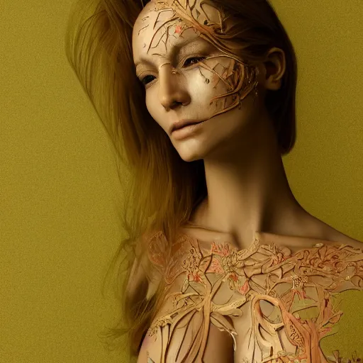 Image similar to beatifull frontal face portrait of a woman, 150 mm, anatomical, flesh, flowers, mandelbrot fractal, facial muscles, veins, arteries, symmetric, intricate, golden ratio, full frame, microscopic, elegant, highly detailed, ornate, ornament, sculpture, elegant , luxury, beautifully lit, ray trace, octane render in the style of peter Gric , alex grey and Romero Ressendi