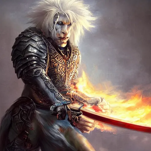 Image similar to Lionman with white hair walking away from a burning city, full body art, wielding a longsword with blue gemstones lining the blade, Painted By Aleksi Briclot, Dim Lighting