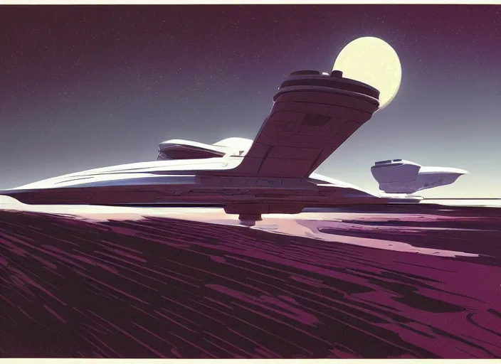 Prompt: a spaceship in a stunning landscape by syd mead