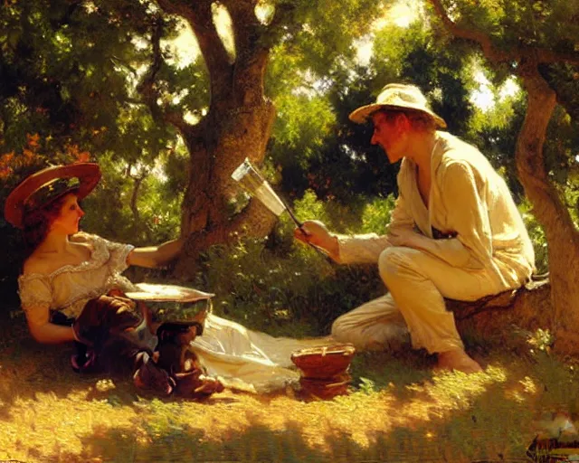 Image similar to painter painting underneath oak tree, painting by gaston bussiere, craig mullins, j. c. leyendecker