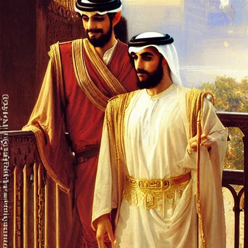 Image similar to attractive arab king confesses his love for his attractive male prince, in balcony of palace, above a river,. highly detailed painting by gaston bussiere, craig mullins, j. c. leyendecker
