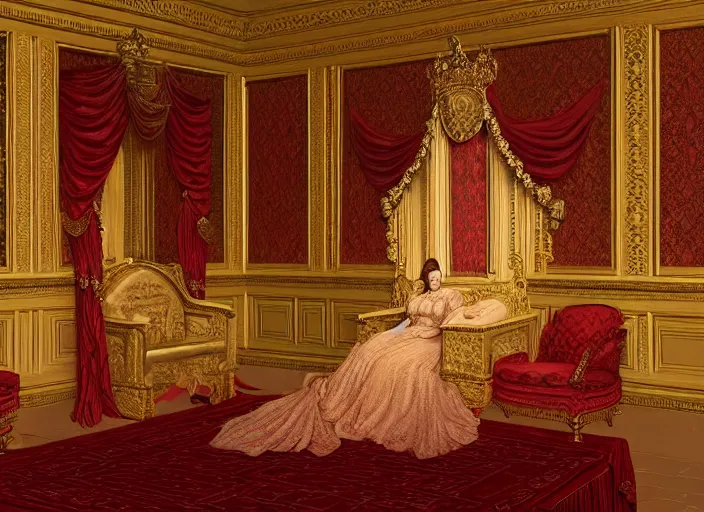 Image similar to a victorian age throne room with emily blunt as queen on the throne, jewelry, greek, ruby, victorian age, 1 8 9 0, intricate, headshot, key visual, conceptart, ambient lighting, highly detailed, digital painting, artstation, concept art, sharp focus, by makoto shinkai and akihiko yoshida and greg manchess