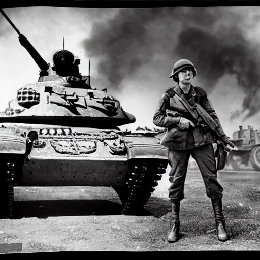 Prompt: photo of Ariana Grande in WW2 seen next to a tank, photorealism, combat and adventure photography, by Robert Capa