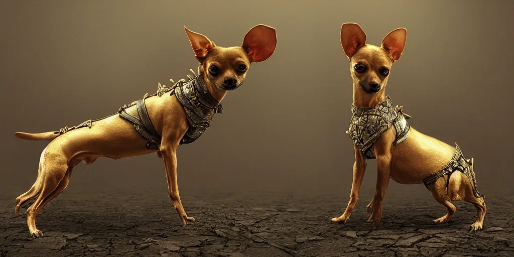 Prompt: humanoid Chihuahua pinscher mix in golden ornamented armor, ears, white particles, dark souls style, Fantasy Style, cinematic light, 35mm camera lens, with ZBrush, by Zdzislaw Beksinski