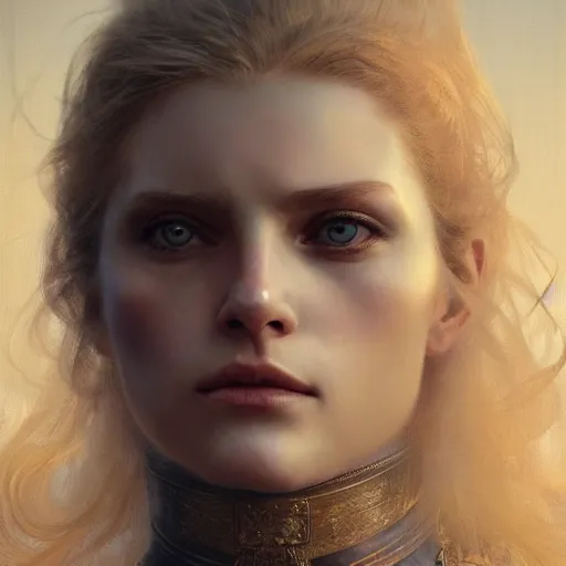 Image similar to Half portrait of a woman with blonde hair as a character in Elden Ring walking in Nokron, eternal City, gorgeous, beautiful, intricate, highly detailed, digital painting, artstation, oppressive lighting, concept art, sharp focus, illustration, art by greg rutkowski and alphonse mucha