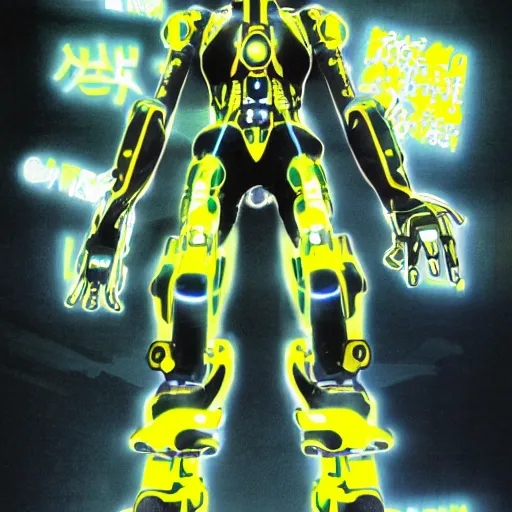 Image similar to the headless full - metal kerberos robot sirius in electrical wired neon yellow noir outfit, with eye - shaped neon lights in its torso, anime poster by yoji shinkawa, artgerm, esao andrews and yoshitaka amano