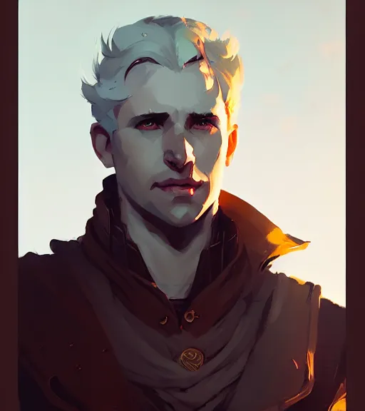 Prompt: portrait of cullen from dragon age with golden eyes by atey ghailan, by greg rutkowski, by greg tocchini, by james gilleard, by joe fenton, by kaethe butcher, dynamic lighting, gradient light blue, brown, blonde cream and white color scheme, grunge aesthetic