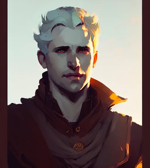 Image similar to portrait of cullen from dragon age with golden eyes by atey ghailan, by greg rutkowski, by greg tocchini, by james gilleard, by joe fenton, by kaethe butcher, dynamic lighting, gradient light blue, brown, blonde cream and white color scheme, grunge aesthetic