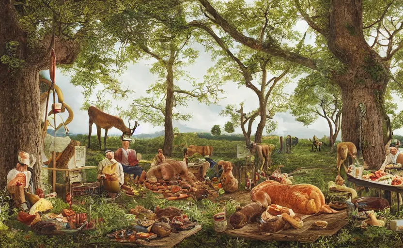 Prompt: a rotflügelsittich, sitting in the trees surrounded by meats and sausages, highly detailed, national geographic