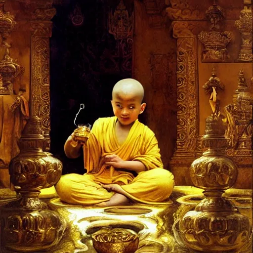 Image similar to highly cunning buddhist monk pouring liquid gold into monk kid head baroque style, painting by gaston bussiere, craig mullins, j. c. leyendecker, lights, art by ernst haeckel, john william godward, hammershøi,