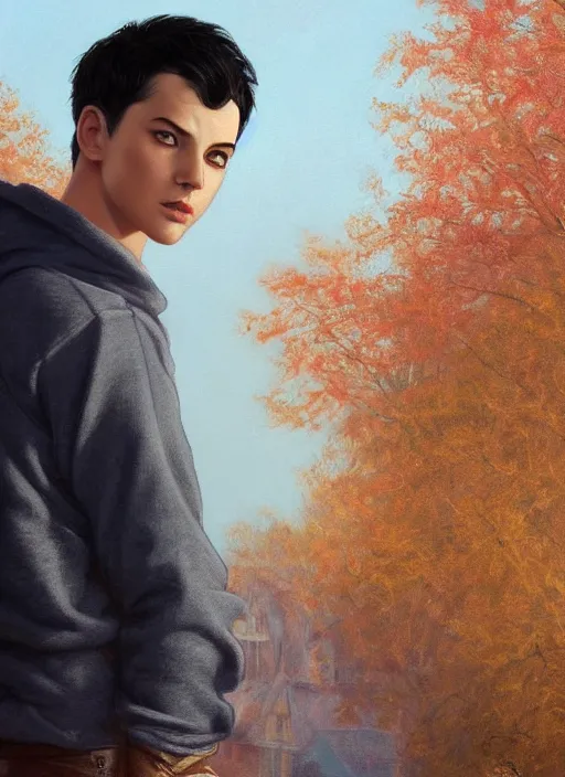 Prompt: handsome young man with short black hair, light blue eyes, pale skin, detailed neighbourhood background, houses, trees, road, magical atmosphere, tarot card, glowing, golden hour, wearing jeans and a black hoodie, realistic painting by ross tran and gerald brom and alphonse mucha, trending on artstation