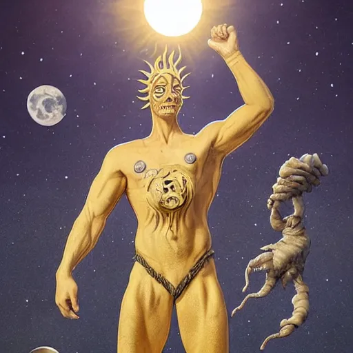 Prompt: the image of a beavis with raised arms between the moon and the sun and stars ultra realistic, concept art, intricate details, serious, highly detailed, photorealistic, octane render, 8 k, unreal engine, art by todd mcfarlane and artgerm and greg rutkowski and alphonse mucha