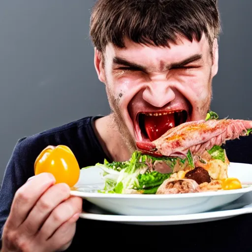 Prompt: man being eaten by his dinner