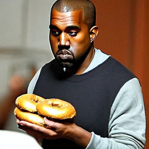 Prompt: Kanye West eating bagels