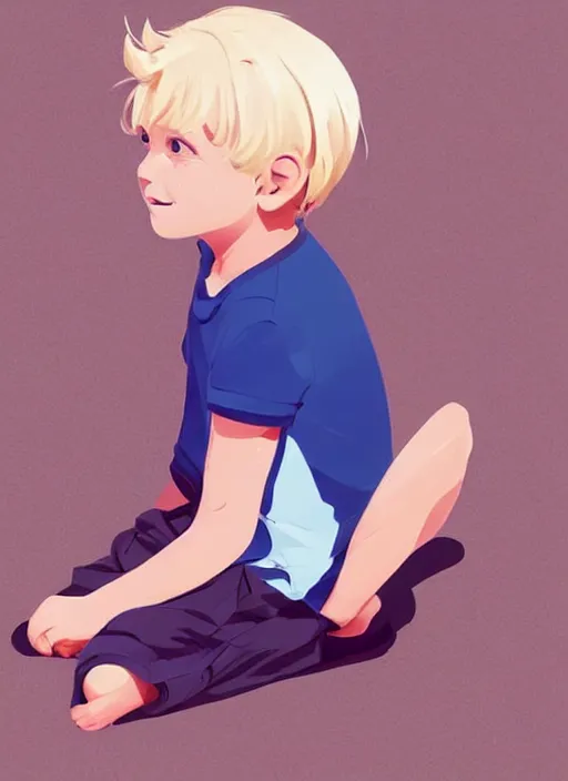 Image similar to a little boy with tousled blonde hair sitting on the beach. clean cel shaded vector art. shutterstock. behance hd by lois van baarle, artgerm, helen huang, by makoto shinkai and ilya kuvshinov, rossdraws, illustration, art by ilya kuvshinov