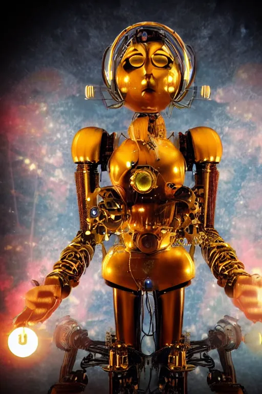 Image similar to portrait photo of a giant huge golden and blue metal humanoid steampunk robot female singer with a human face and gears and tubes, in the foreground is a big red glowing microphone, eyes are glowing red lightbulbs, shiny crisp finish, 3 d render, 8 k, insaneley detailed, fluorescent colors, background is multicolored lasershow