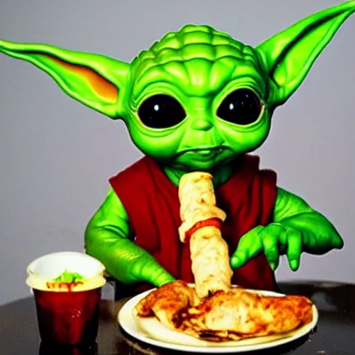 Image similar to baby yoda eating a kebab