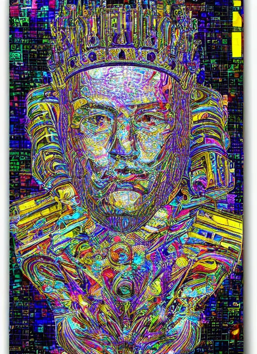 Prompt: god king of ai art, cpu gpu wafer, glitch art, notan, cyberwars by rene lalique, highly detailed, by william - adolphe bouguerea