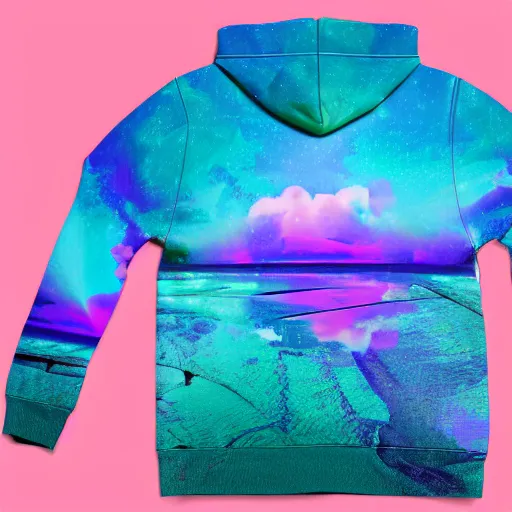 Image similar to product mockup photography of an all over print hoodie in Vaporwave style, 4K high resolution studio photo