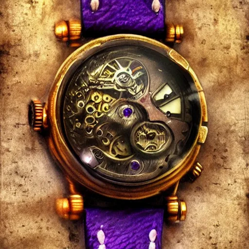 Prompt: post-apocalyptic steampunk watch, golden and purple, artstation, high detailed