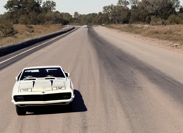 Image similar to retro picture of a camaro mach 1 chased by police cars on a highway, dusty sunne day