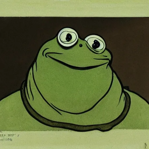 Prompt: pepe the frog groyper smug look, uncropped, painted by carl larsson and alphonse mucha