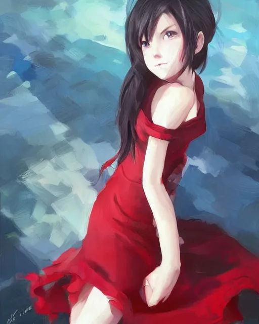 Image similar to elegant tifa lockhart in a red cottagecore dress, portrait, illustration, rim light, top light, summer clear blue sky, perfectly shaded, soft painting, art by krenz cushart and wenjun lin