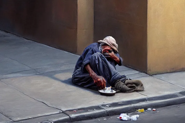 Image similar to ( ( a beautiful 8 k photorealistic masterpiece oil painting ) ( of ( a homeless man using crack in a los angeles sidewalk ) ) ) ( hyperrealism ) ( 1 6 k ) ( trending on artstation )