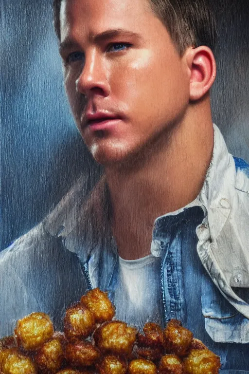 Image similar to a tater tot as channing tatum, oil on canvas, intricate, portrait, 8 k highly professionally detailed, hdr, cgsociety