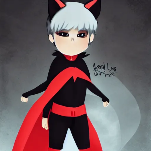 Image similar to little boy with cat ears in an black latex suit with red cape. digital artwork made by lois van baarle,