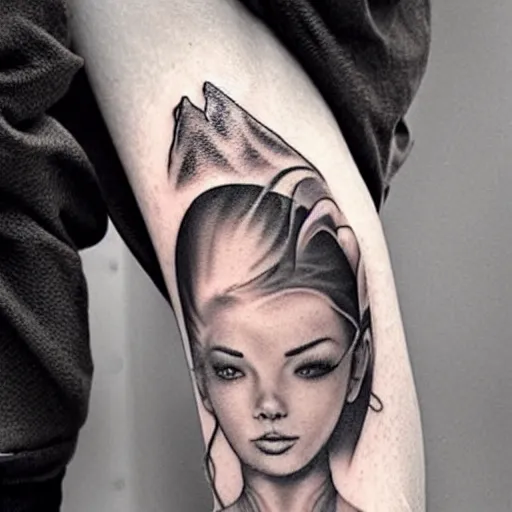 Image similar to tattoo realism design of a beautiful girl with a mountain scenery next to her, hyper realistic