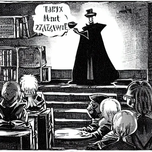 Prompt: Granny Weatherwax is teaching magic to a class of kids in Hogwarts, a scene from Harry Potter and the prisoner of Azkaban